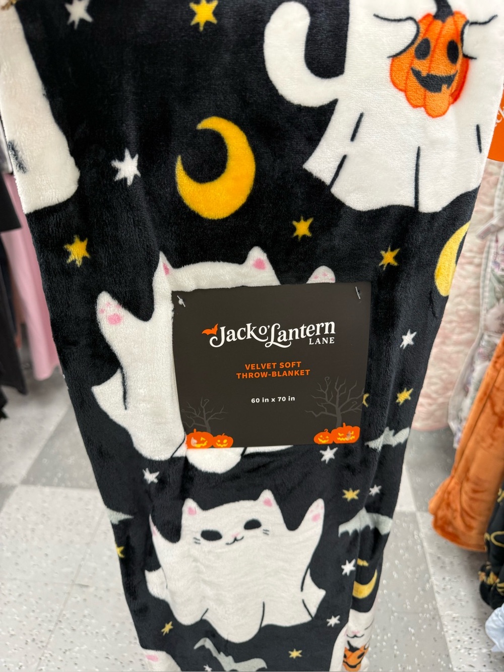 Velvet Soft Halloween Throw Blanket - Black with White Ghost Cats